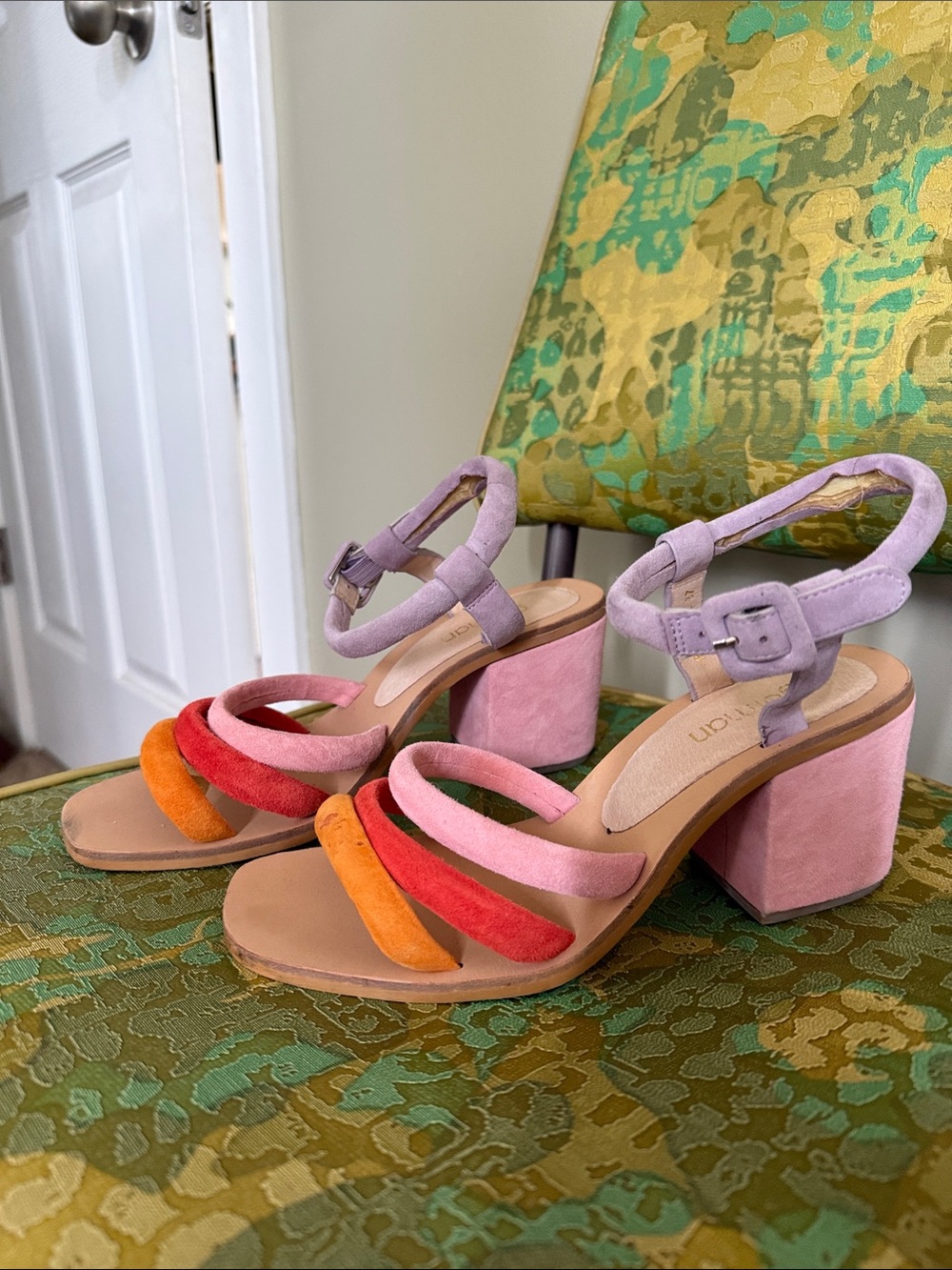 Gorman Women's Multi-Color Suede Block Heel Sandals - Pink, Red, Orange